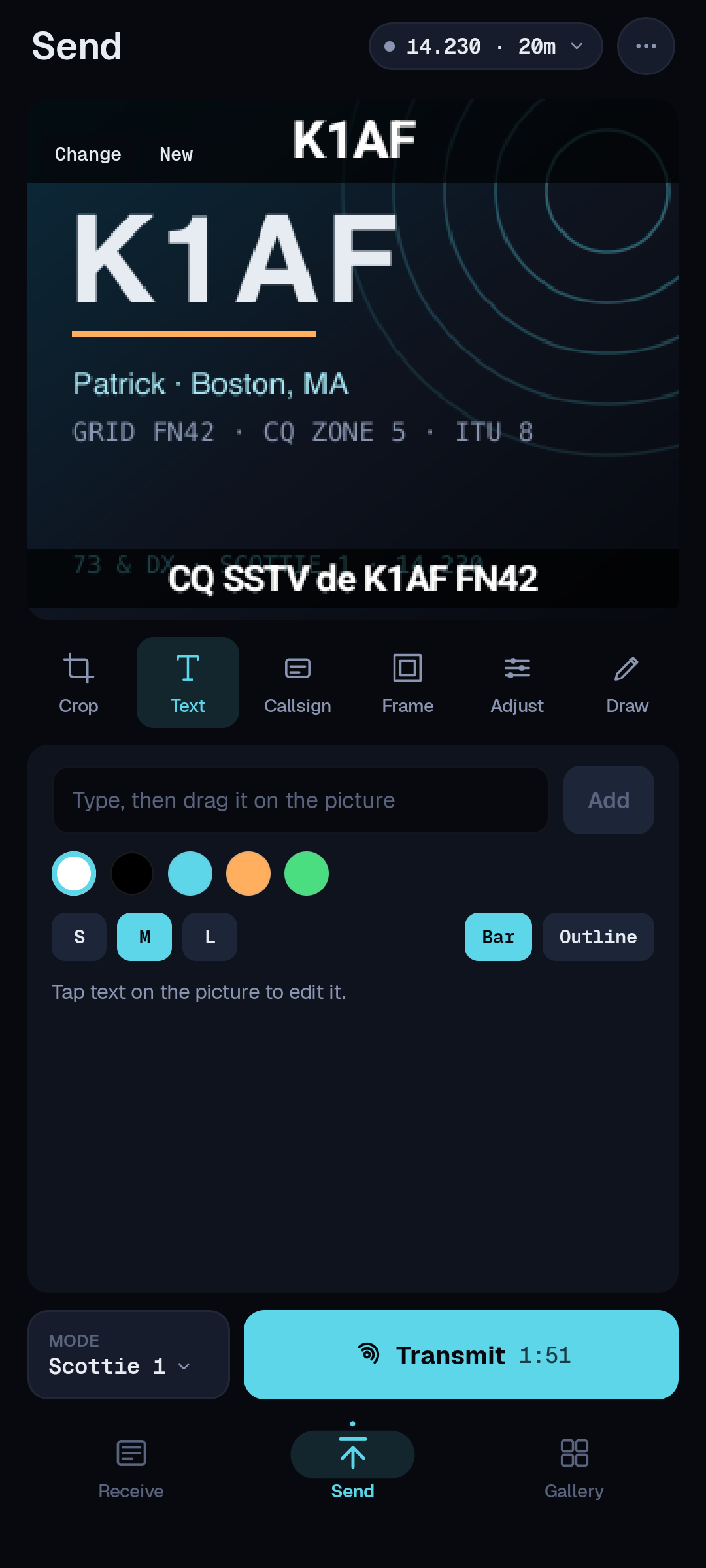 SSTV-AF transmit screen: a selected photo with a callsign overlay, a mode picker set to Martin 1, and a large Send button that keys the radio.