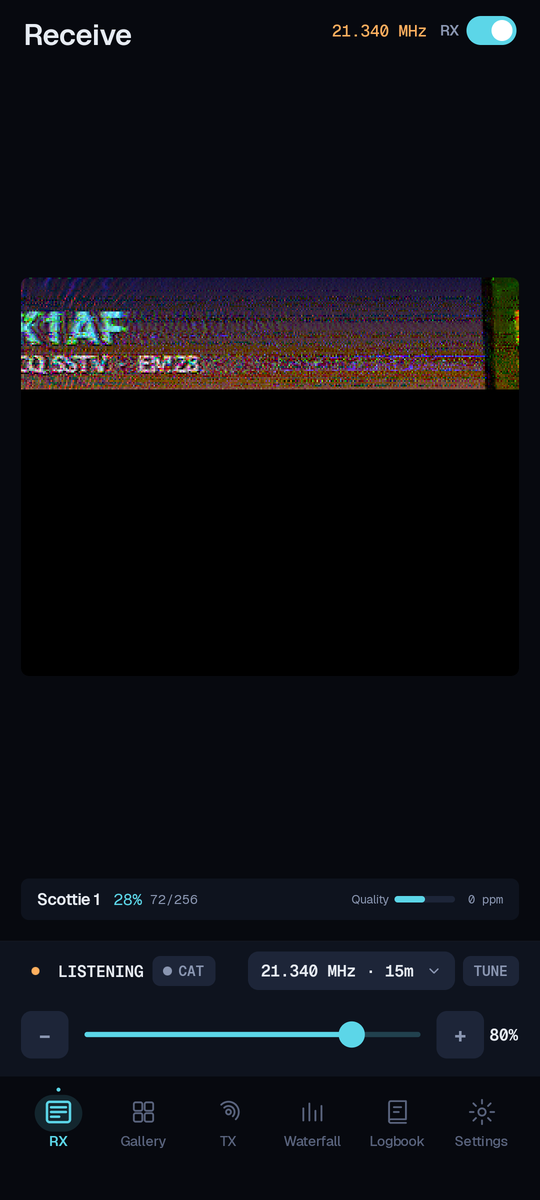 SSTV-AF receive screen: a portrait image half-painted from the top down, a live waterfall showing the SSTV tones, the detected mode Scottie 1, and the frequency 14.230 MHz.